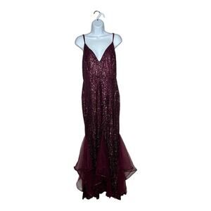 Symphony Dress Womens Large Burgundy Sequin Tulle Strappy Long Formal Gown